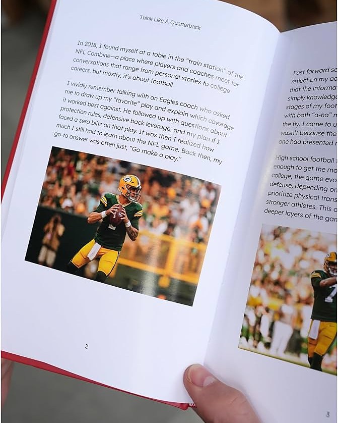 An open spread of Think Like A Quarterback showing film stills and coaching notes.